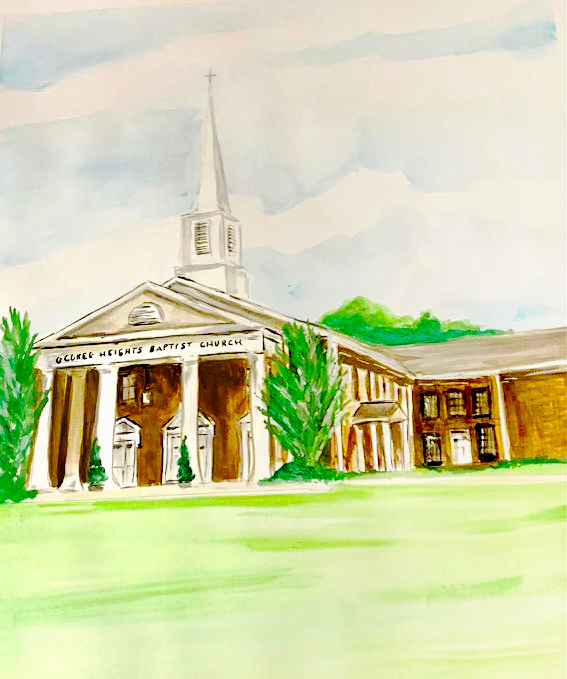 Watercolor of Oconee Heights Baptist Church.  Painter: Kelly Conley